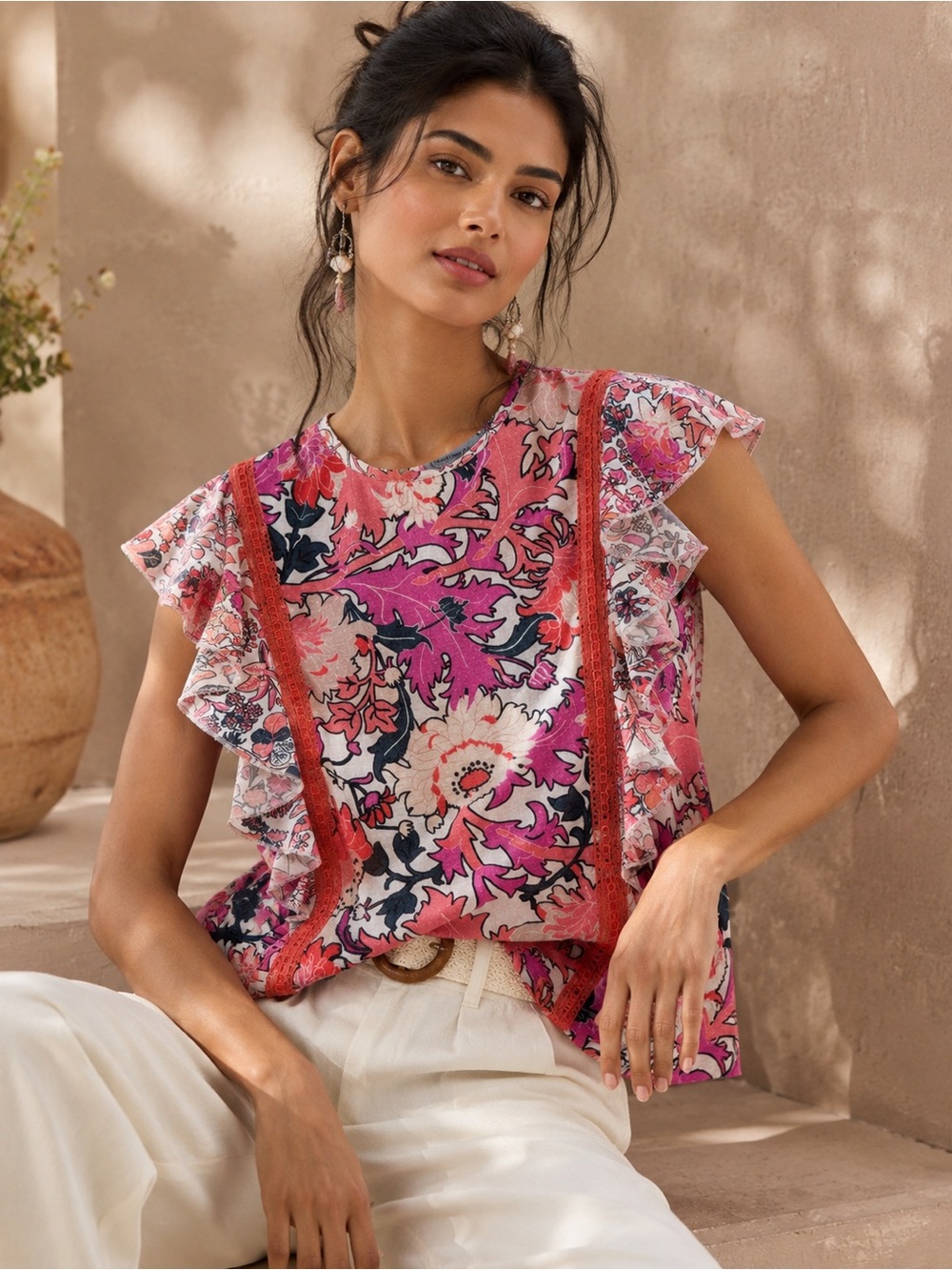 Anthropologie Conditions Apply Floral Flutter Sleeve Pink Boho Top XS NWT